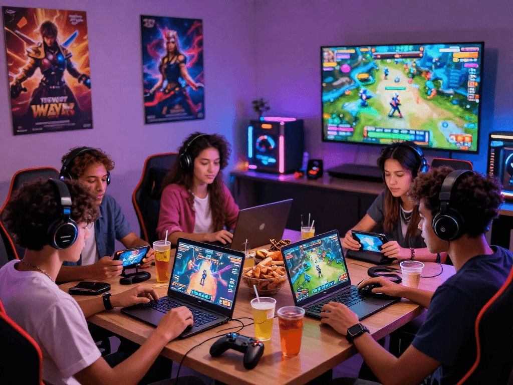 Group playing online sex games on various devices in a cozy gaming lounge.
