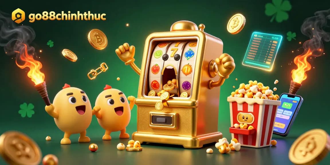 Celebrate big wins at go88chinhthuc with a vibrant slot machine scene bursting with coins and crypto.