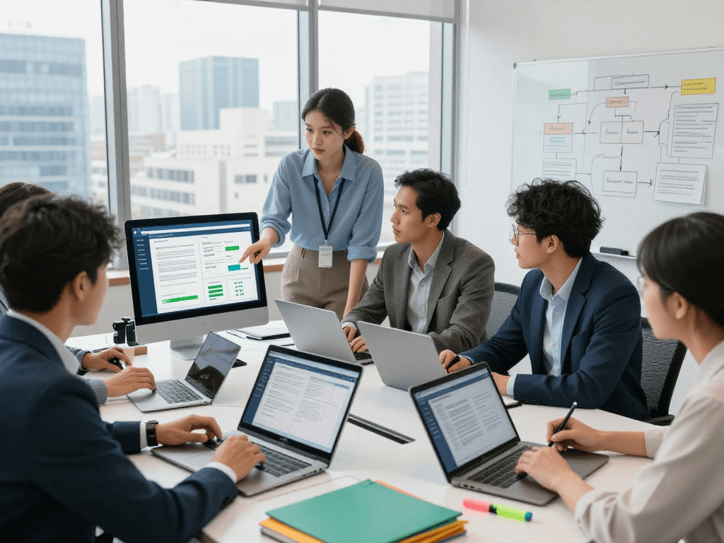 Document fraud detection team collaborating on advanced verification tools in a modern office.