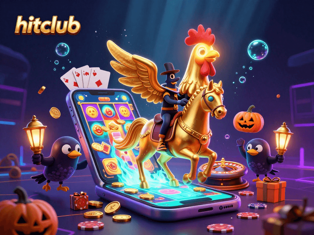 Experience hitclub's vibrant gaming atmosphere with a golden rooster amidst a dynamic casino.