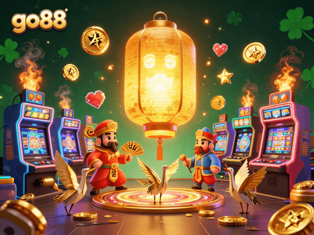Experience thrilling gameplay at go88 with a vivid illustration of festive casino elements and dynamic characters.