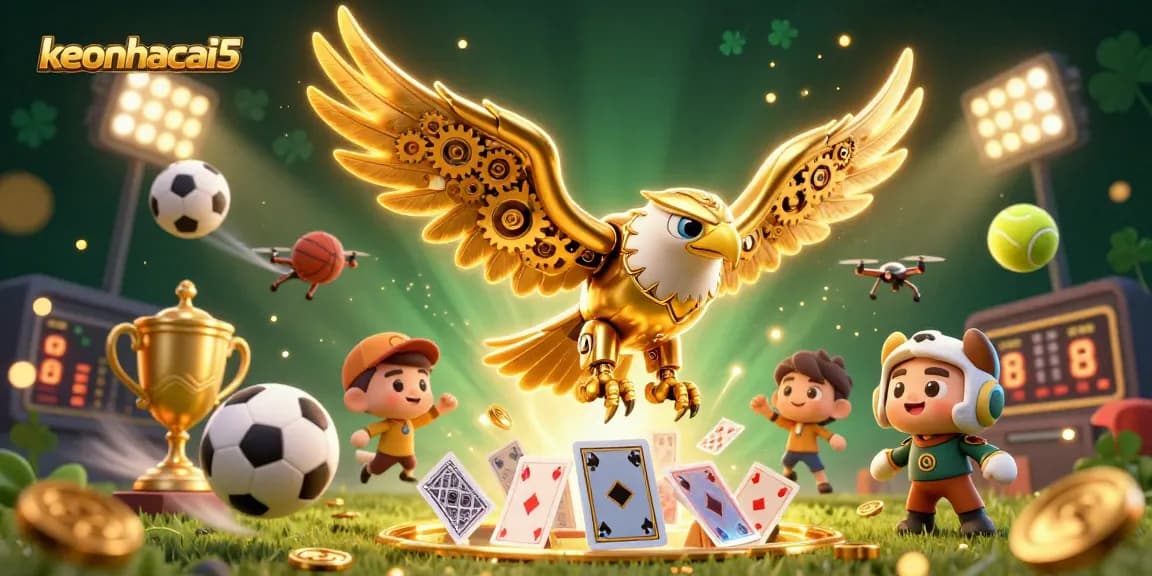 Experience keonhacai5 with an exciting scene of a golden eagle and dynamic sports betting elements.