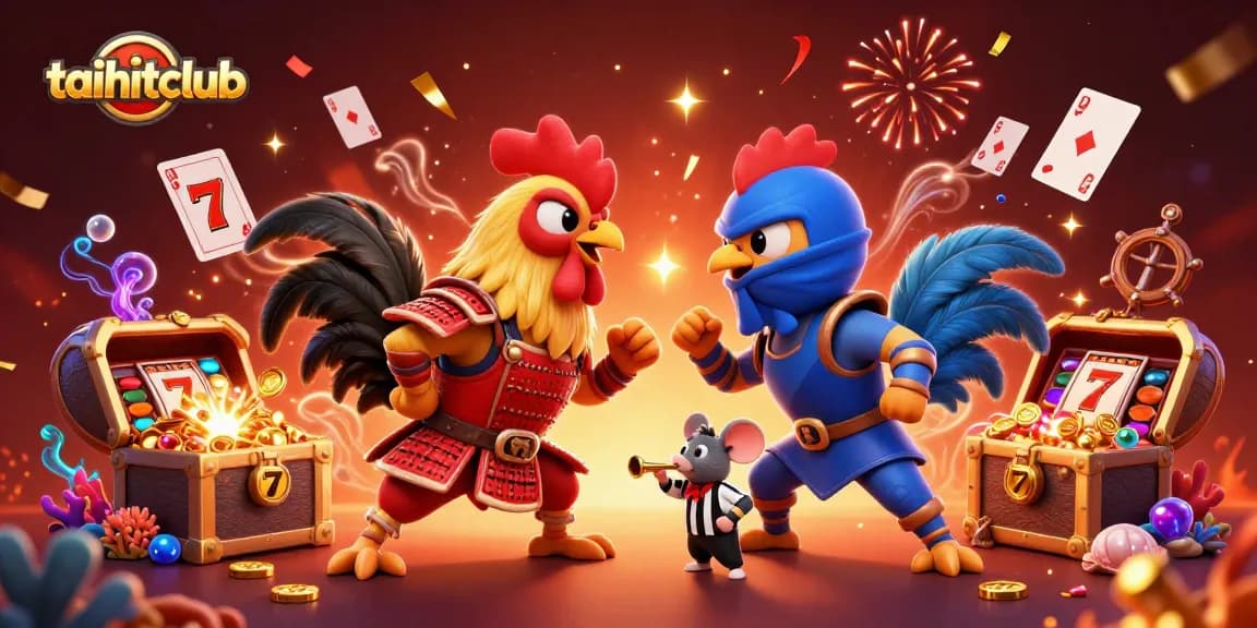 Experience the excitement at taihitclub with twin roosters fighting amidst slot reels and treasure