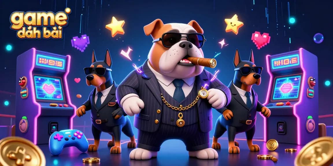 Engage in game đánh bài with a mafia boss bulldog illustration surrounded by vibrant casino elements.