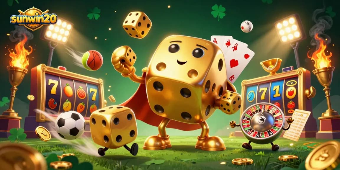 Experience the thrill of sunwin20 with a dynamic casino scene featuring vibrant game elements and lively characters.