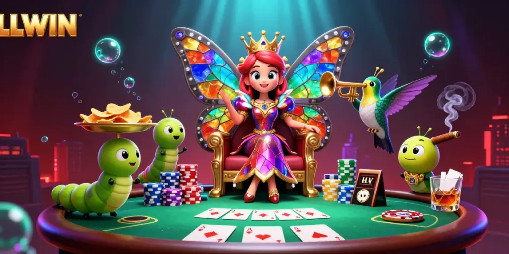 Experience the vibrant world of LLWIN with dynamic characters and engaging poker elements in this colorful casino scene.