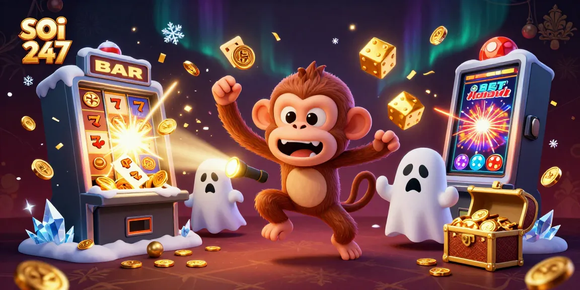 Soi cau 247 showcases a lively scene with a ghostly monkey juggling golden casino items while a curious puppy investigates.