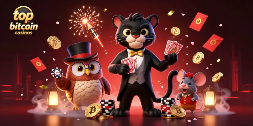 Experience the allure of top bitcoin casinos with vibrant artwork featuring a stylish black panther and whimsical characters.