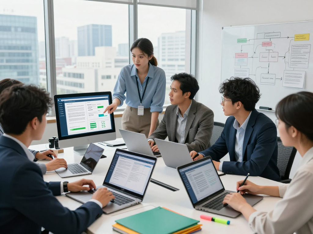 Document fraud detection team collaborating on advanced verification tools in a modern office.