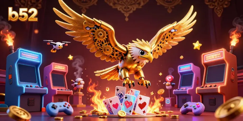 Experience thrilling gameplay with the golden eagle diving into b52's arcade game universe.
