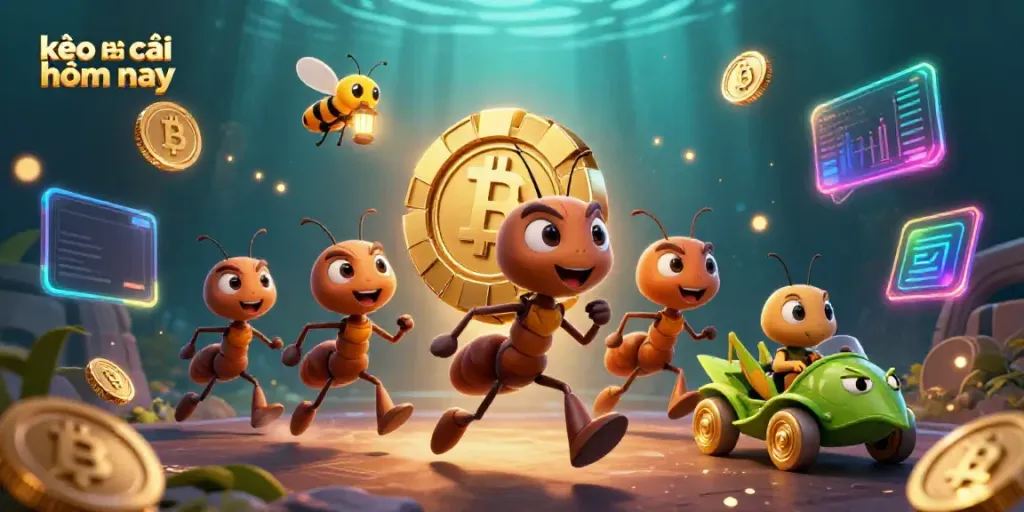 Captivating scene depicting a team of ants carrying a giant poker chip, showcasing kèo nhà cái hôm nay within an enchanting casino-themed heist.