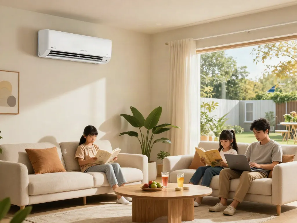 Cozy living room with a 2400 btu mini split air conditioner, family enjoying comfort.