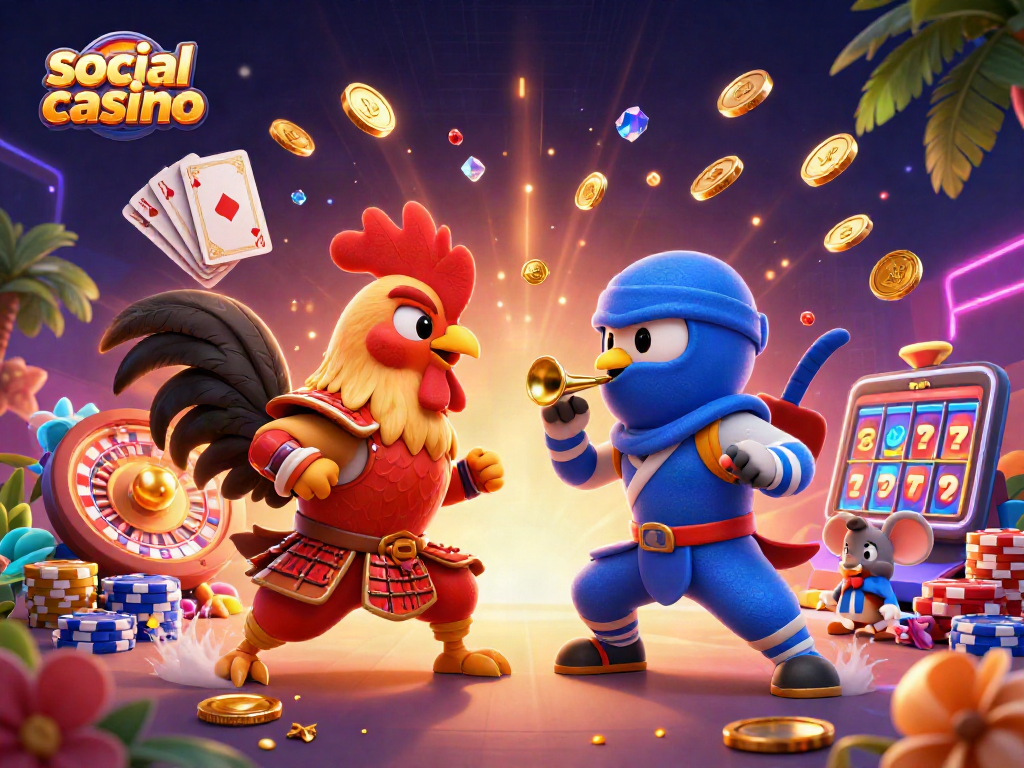Engage in thrilling social casino action with vibrant fighting roosters amid casino elements.