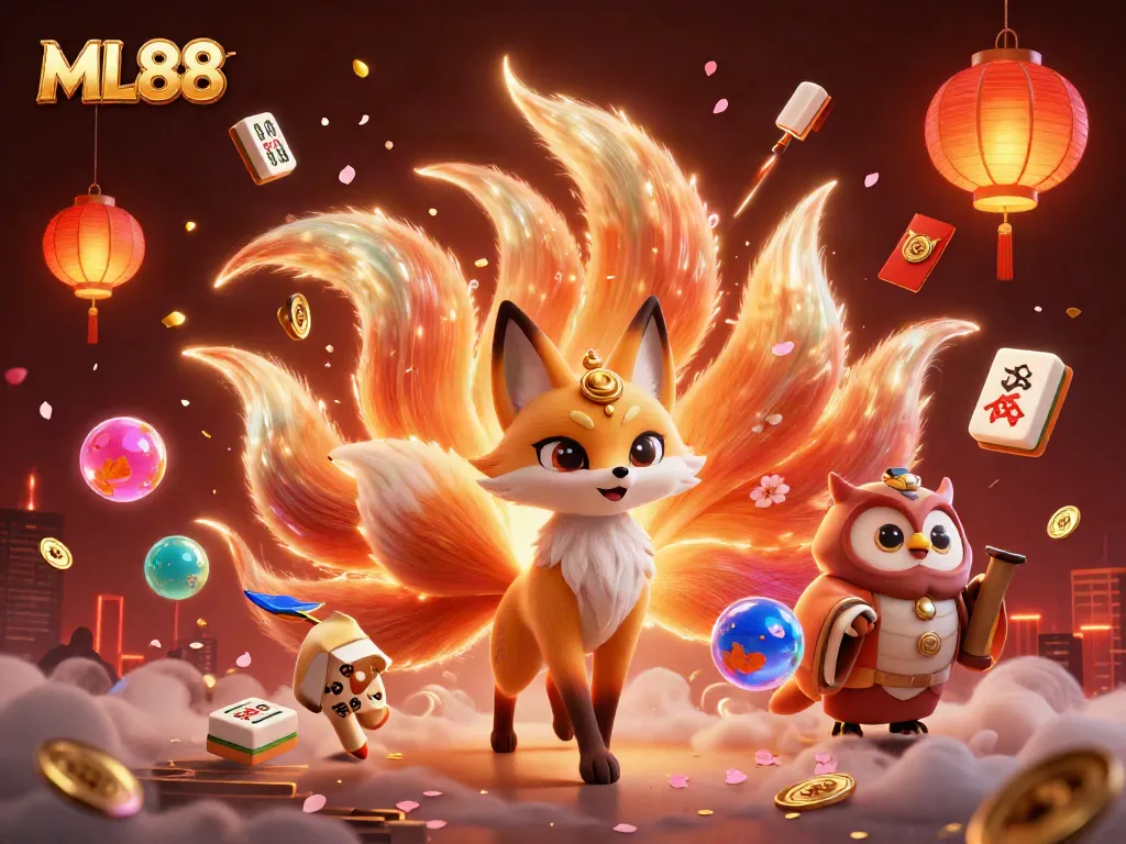 Experience the vibrant world of ML88 with a magical fox spirit and wise owl in a colorful casino setting.