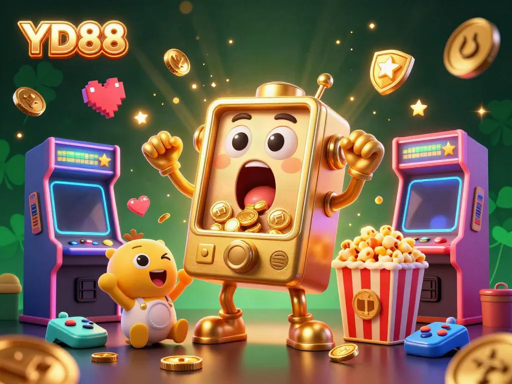 YD88 golden slot machine wins jackpot while coins fly out in a vibrant casino scene filled with game elements.