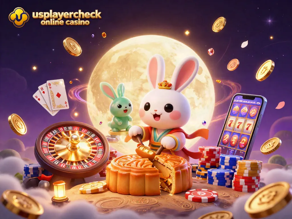 Play at the usplayercheck online casino with a vibrant scene featuring a moon rabbit and casino elements.