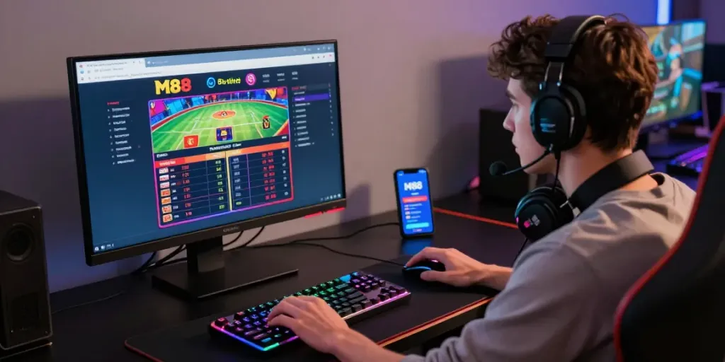 Engaging login situs m88 experience with a user focused on online betting and casino graphics, creating a vibrant atmosphere.