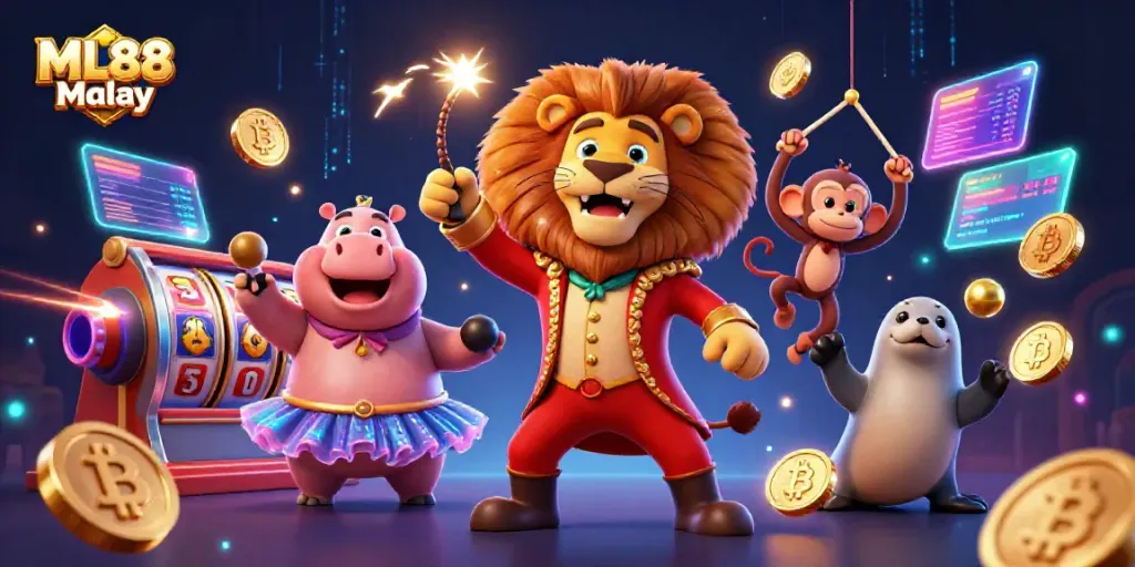 ML88 Malay showcases dynamic 3D casino illustration with exciting slot reels and vibrant characters.