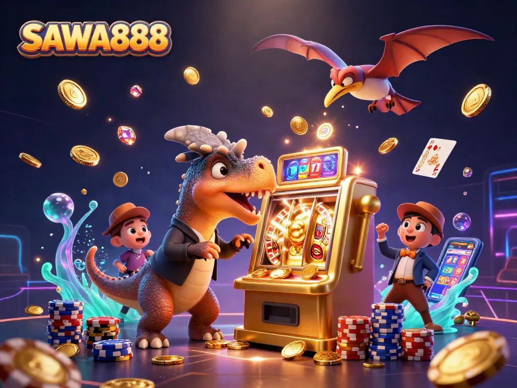 SAWA888 features a pachycephalosaurus winning jackpots amid vibrant casino elements.