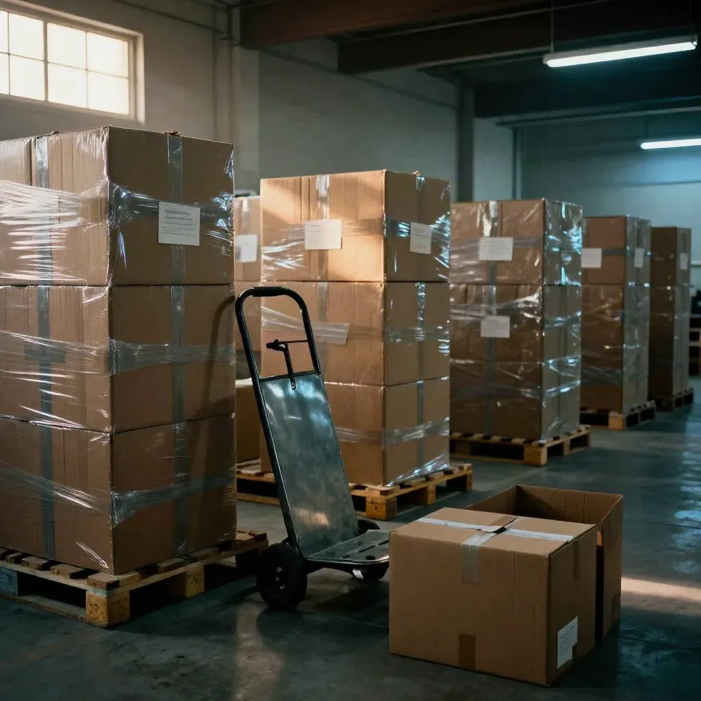 Ballot boxes on pallets in a county election depot, lit by sun and fluorescent spill