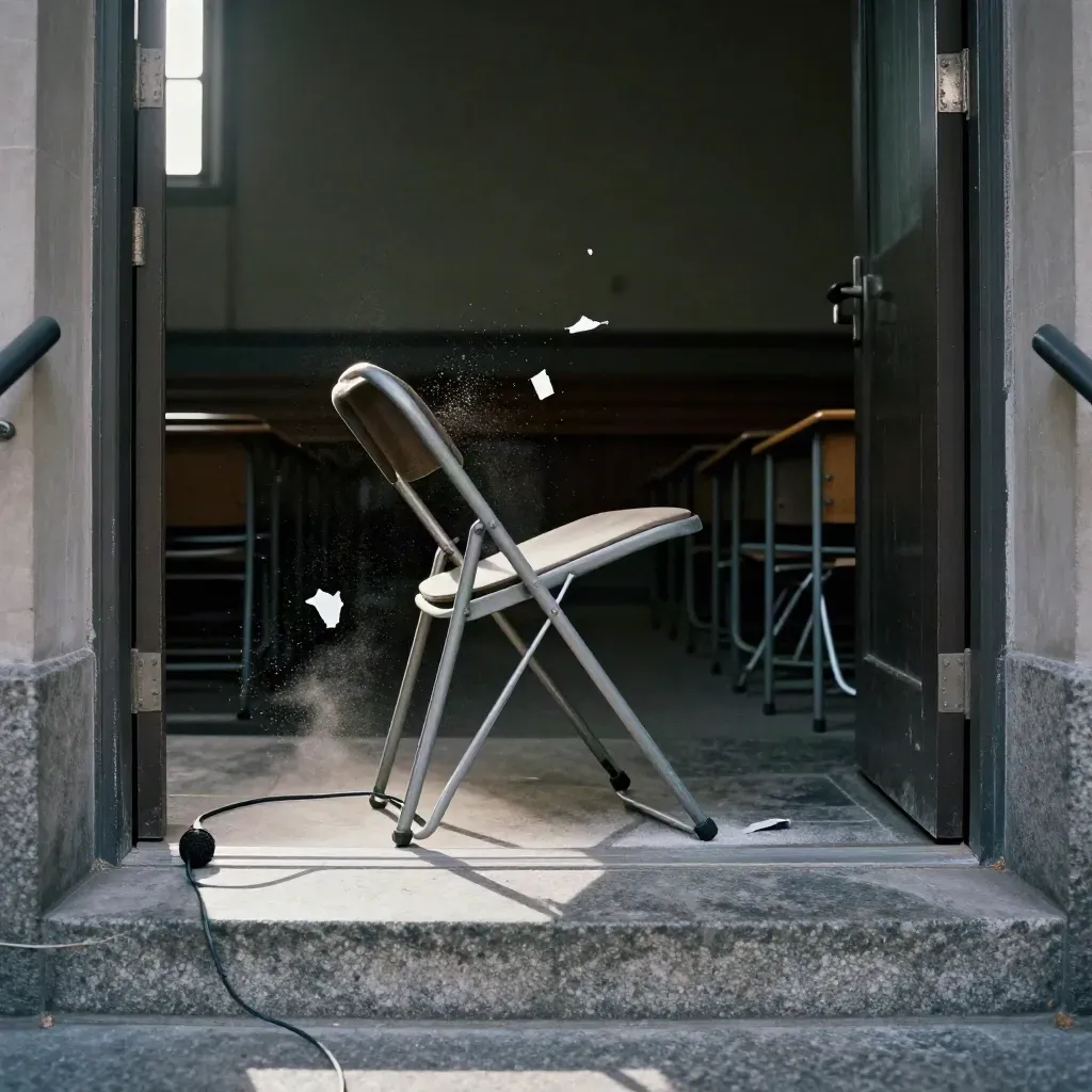 Overturned chairs and a coiled mic cable at a lecture-hall doorway on dusty stone steps