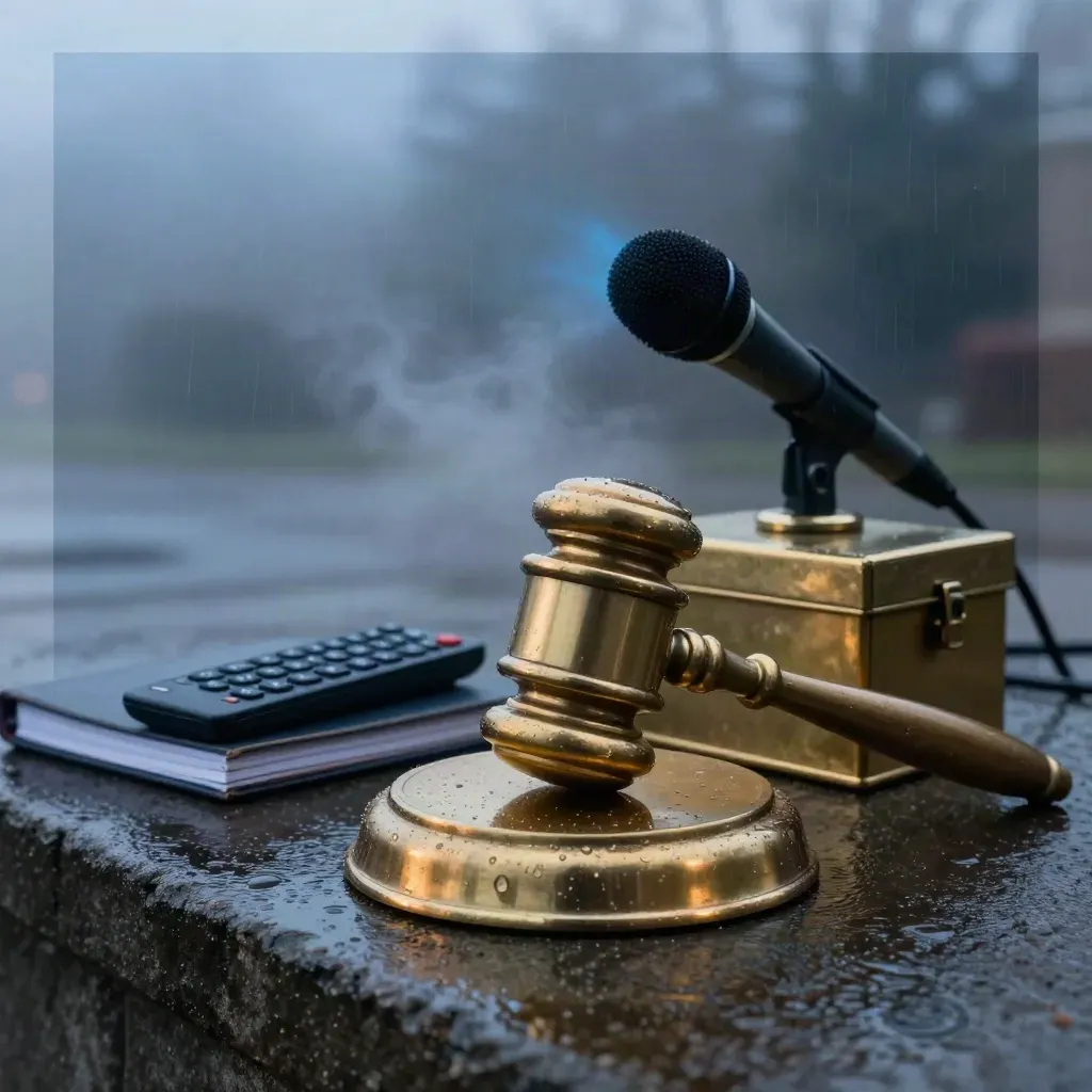 Moody dawn briefing tableau with gavel, microphone, ballot lid, remote, and notebooks in rain haze.