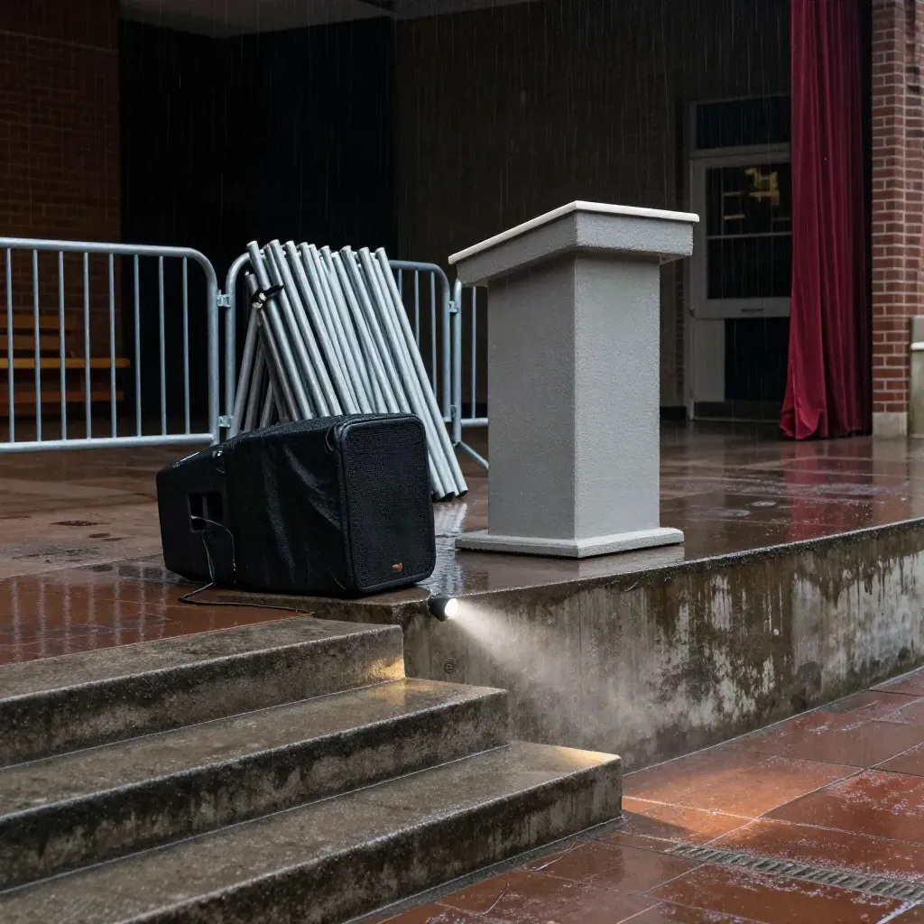 Wet campus stage edge with podium, barricades, and a tarp-covered speaker corner after rain.