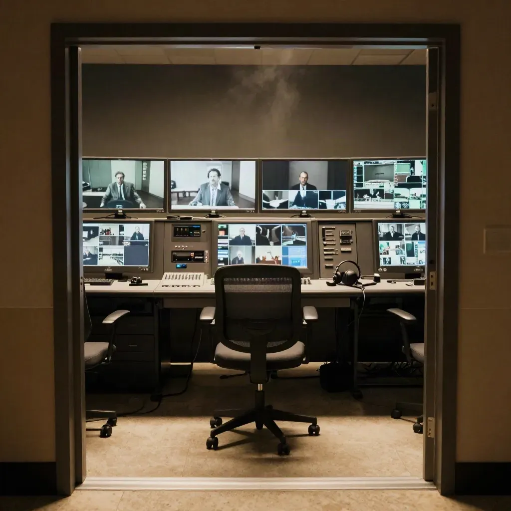 Broadcast control room with glowing monitors, an empty chair, and a headset on the console.
