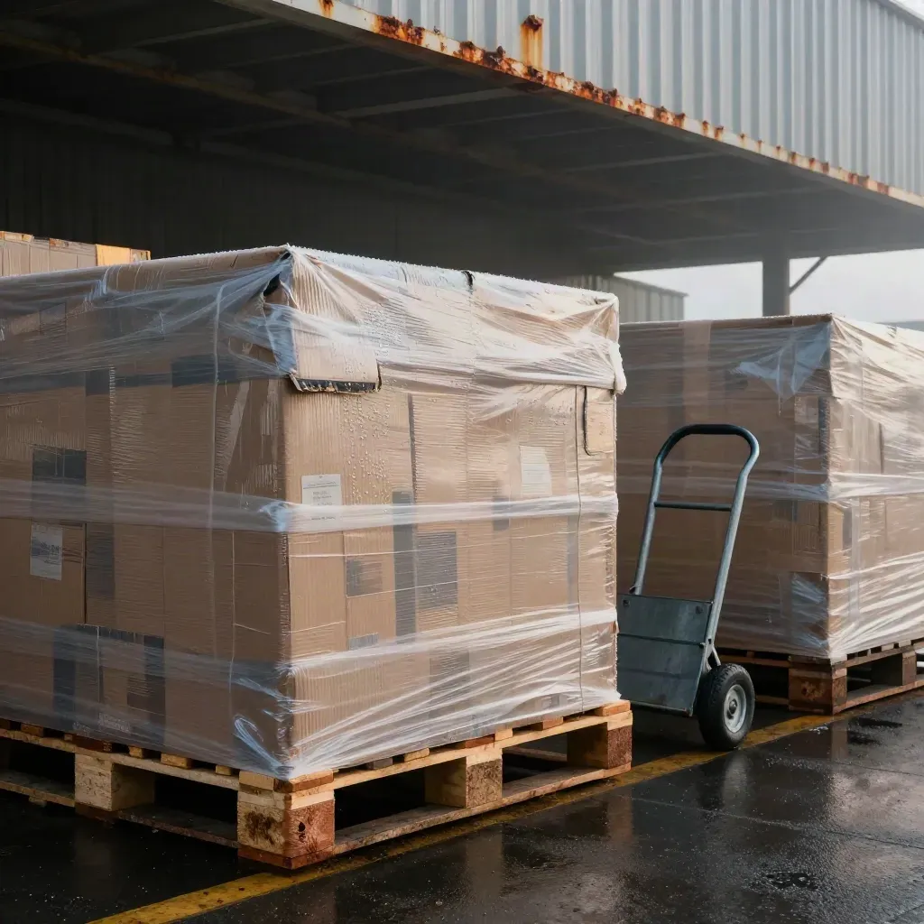 Dawn dock crates wrapped in plastic beside pallets and a steel hand truck in harbor mist.