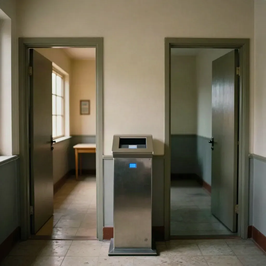 Split hall with open voting rooms and a ballot scanner pedestal in warm and cool light.
