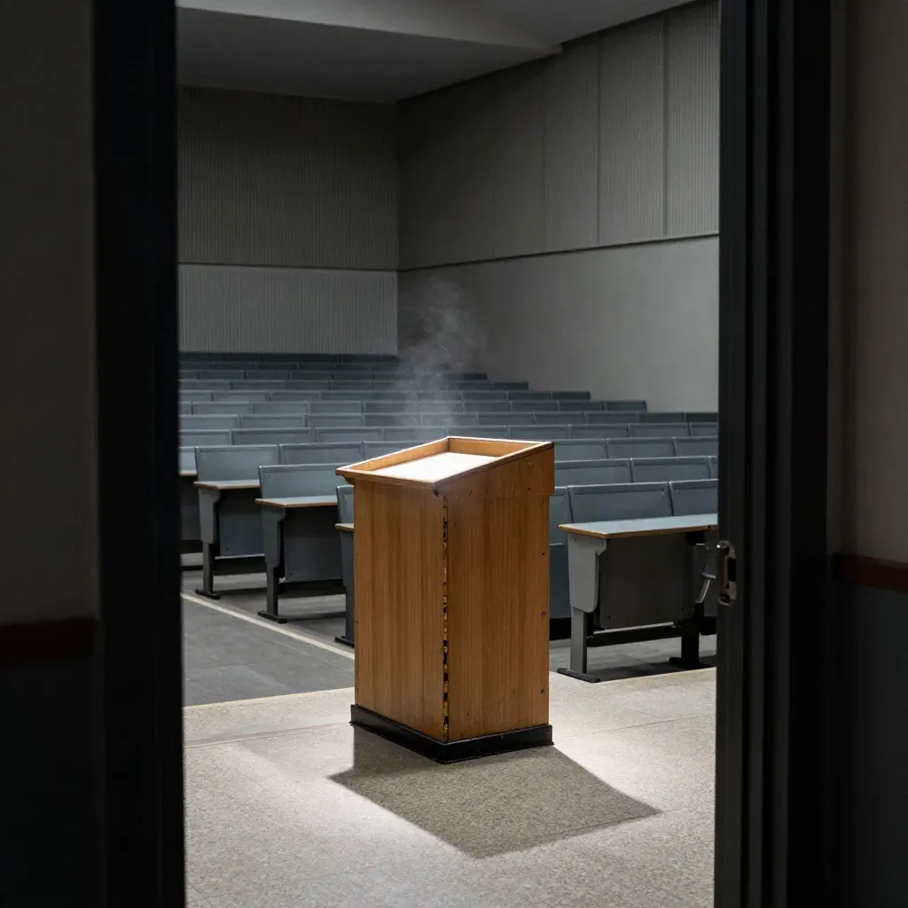 Empty lecture hall with taped podium, folded chairs and hazy light after a tense campus clash.