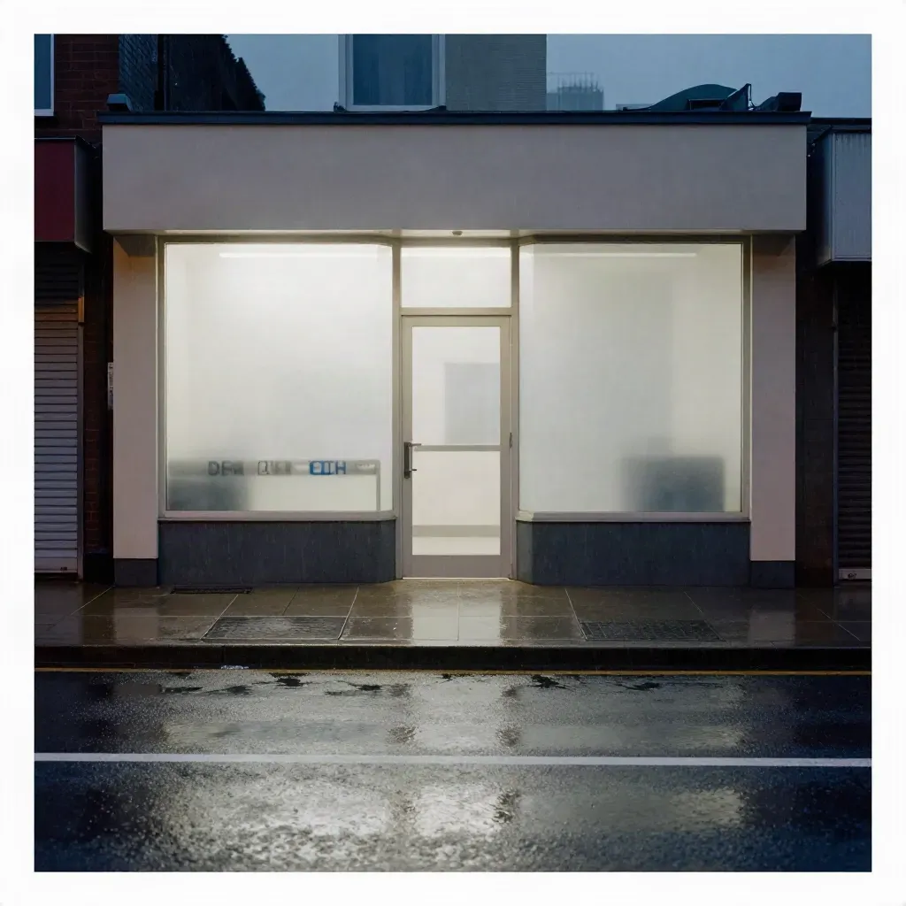 Rainy clinic frontage with a police barrier reflected in glass at blue hour.