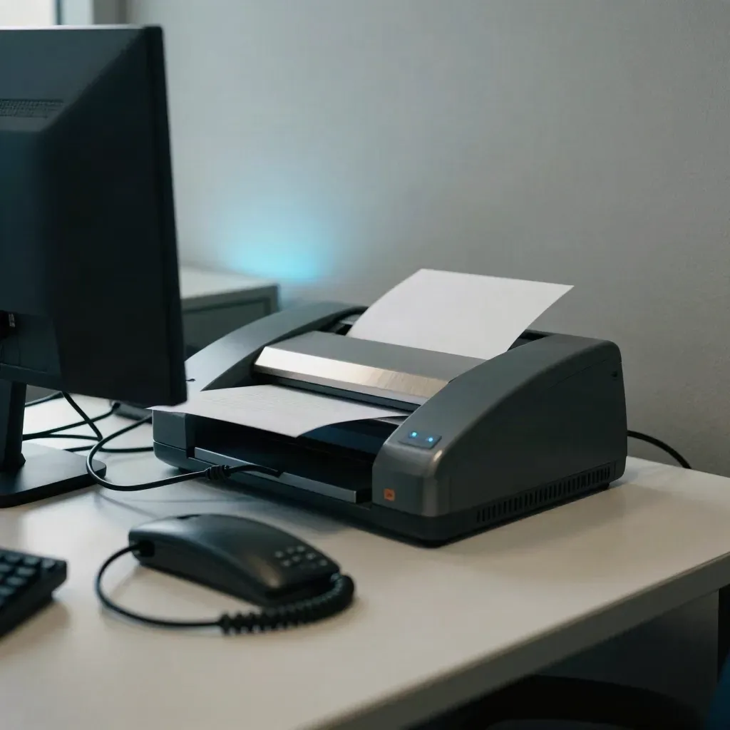 Election scanner in motion on a chilled office workstation with cables and a turned monitor