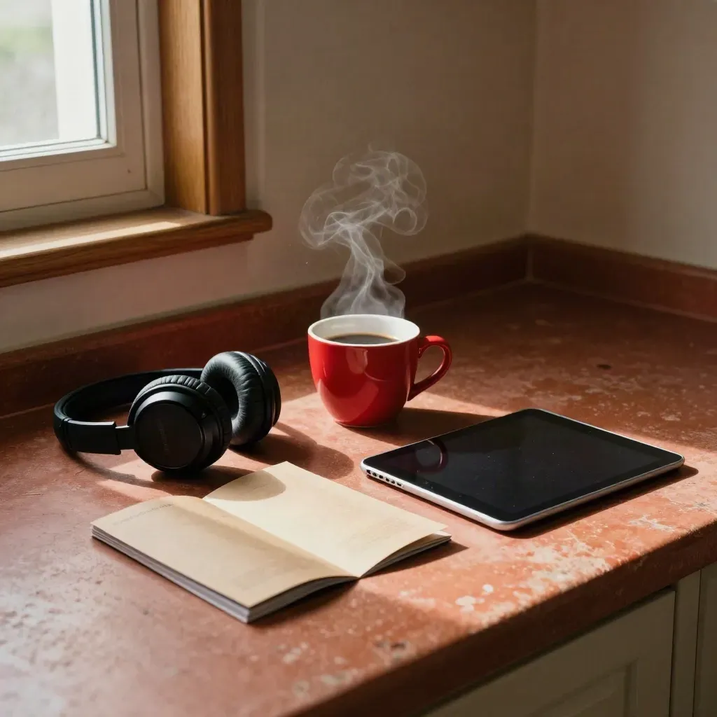 Sunlit kitchen counter with coffee, headphones, brochure and tablet in a quiet weekend pause