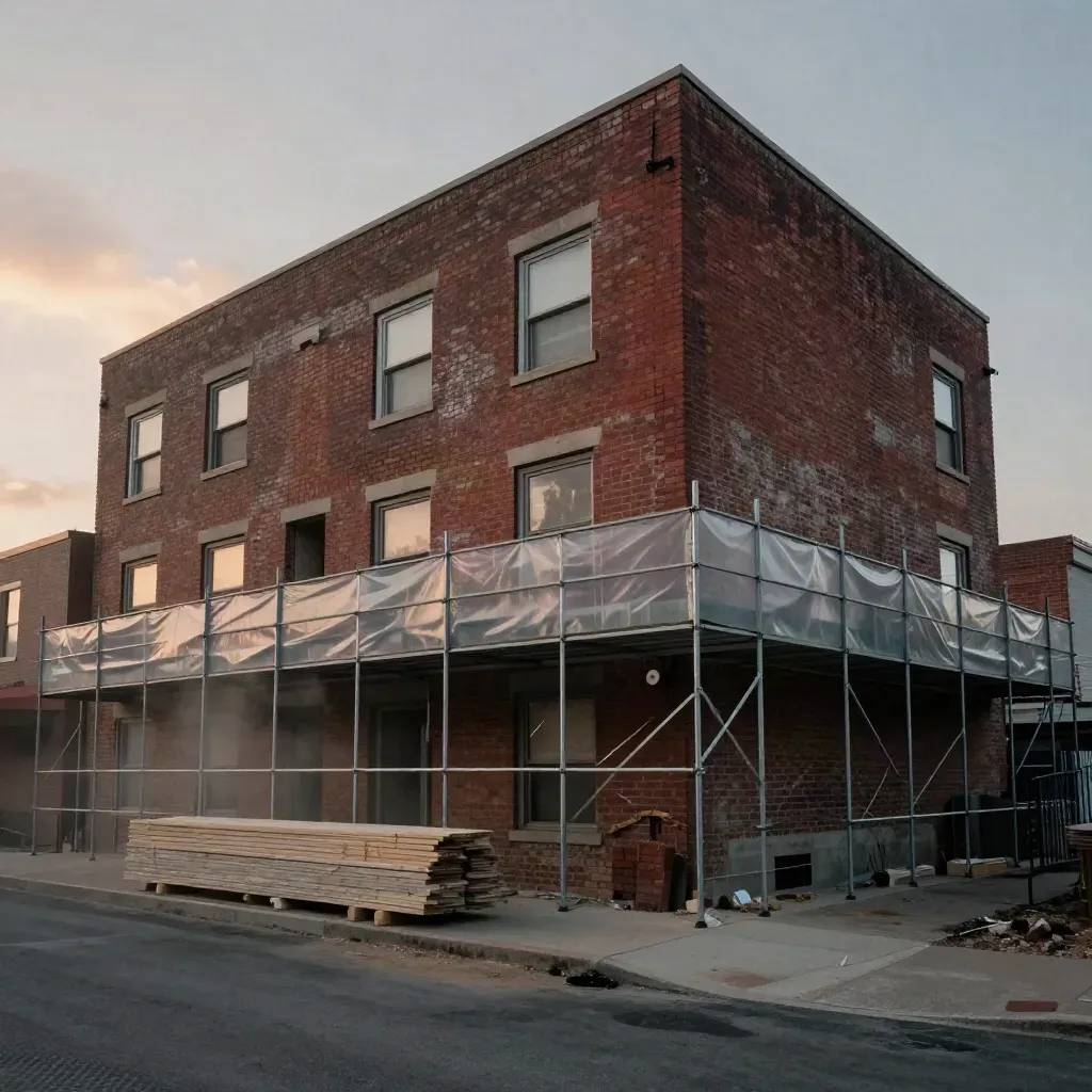 Brick apartment block under renovation at dusk with scaffolding, tarps, and stacked lumber.