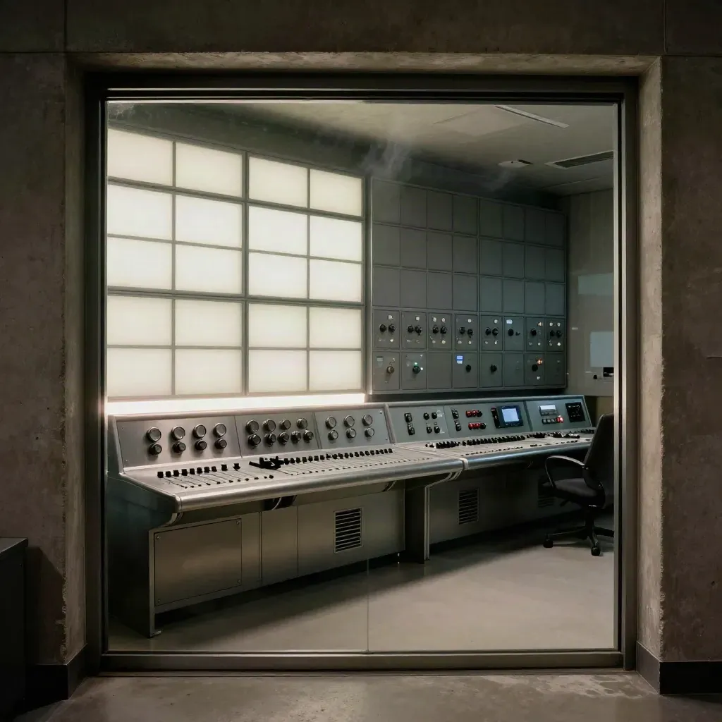 Newsroom control wall with twin glowing monitor banks reflected in glass and silent consoles.