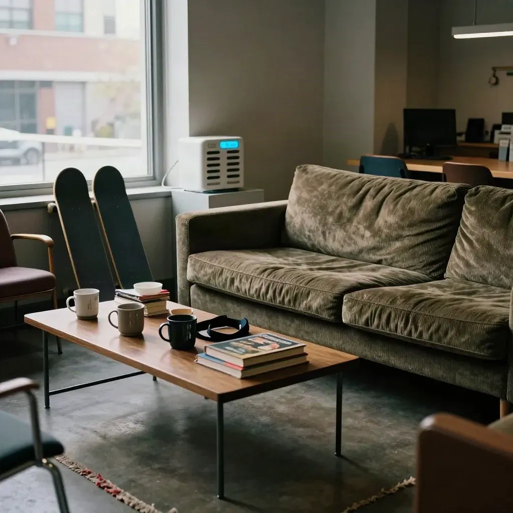 Campus lounge with thrifted sofa, skateboards, and a glowing charger by a bright window.