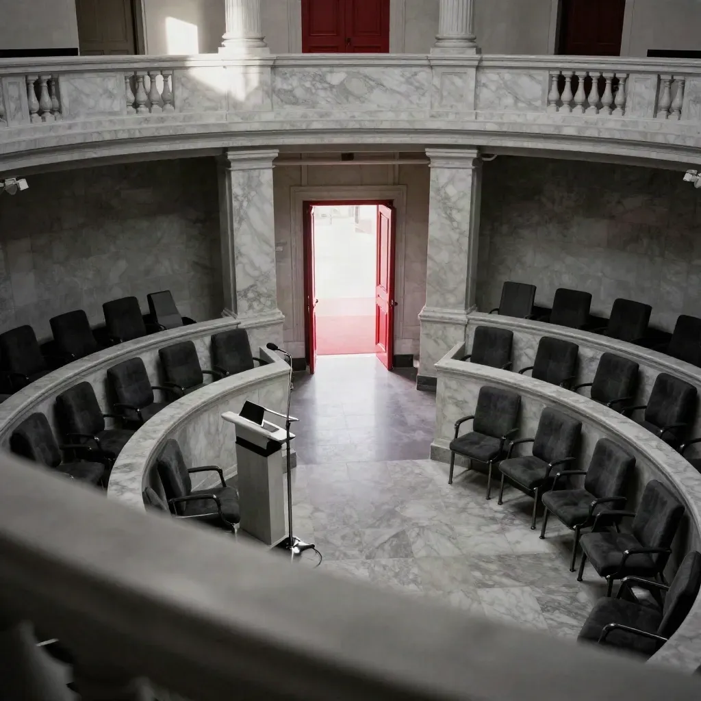 Empty city hall rotunda with council chairs, microphone stand, and glowing exit doors after a late meeting.