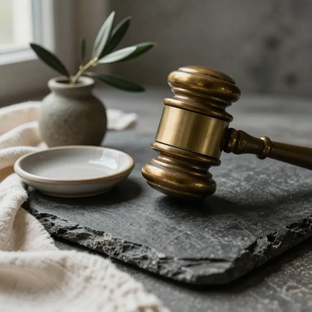 Brass gavel on stone with linen cloth, olive plant, and ceramic dish