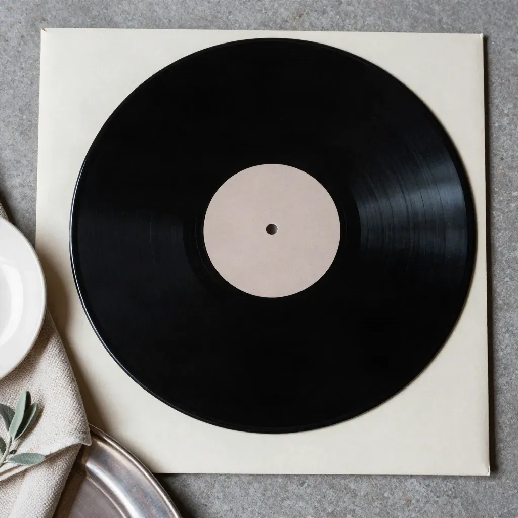Vinyl record half-slid from sleeve with dish, cloth, and plant on stone.