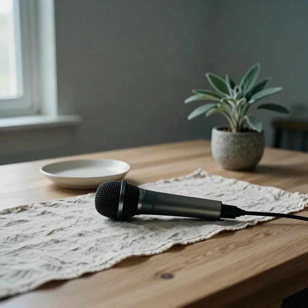 Small tabletop microphone on linen beside a ceramic dish and plant on a pale oak desk.