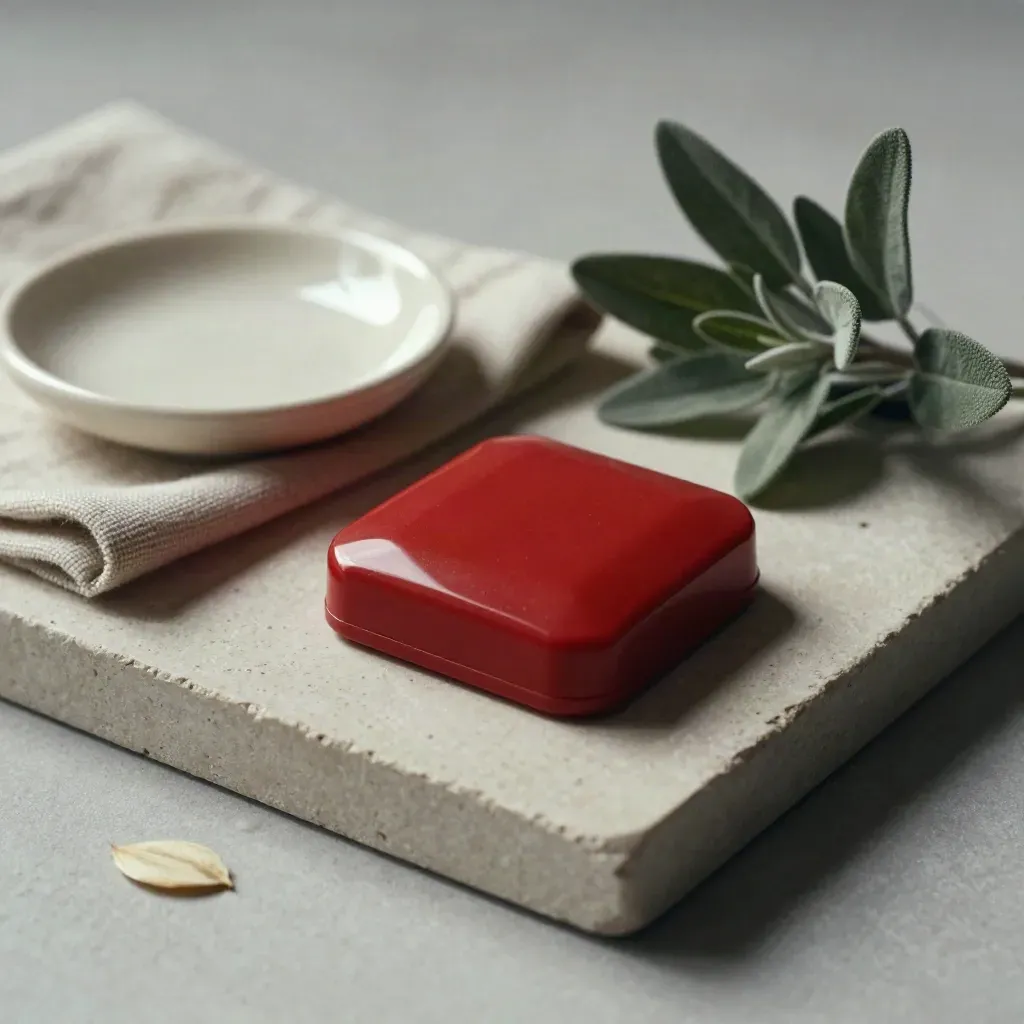 Crimson push-button clicker beside cloth, dish, and plant on a pale tray.