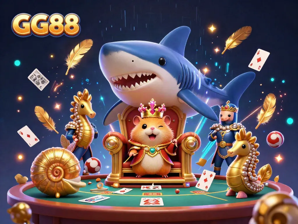 Experience the vibrant world of GG88 casino with a playful golden hamster king amidst thrilling games and dynamic betting action.
