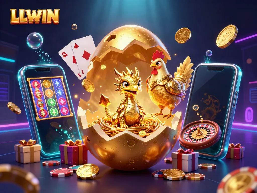 Engage with LLWIN's vibrant gaming experience featuring golden dragon and poker elements.