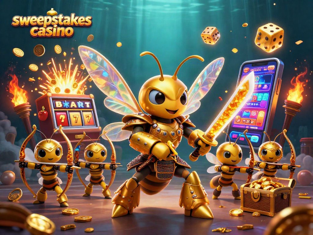 Engage with sweepstakes casino excitement in a vibrant 3D dynamic scene with golden hornet and jackpots.