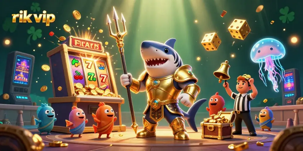 Experience thrilling wins at rik vip with a charismatic shark gladiator in a vibrant online casino atmosphere.