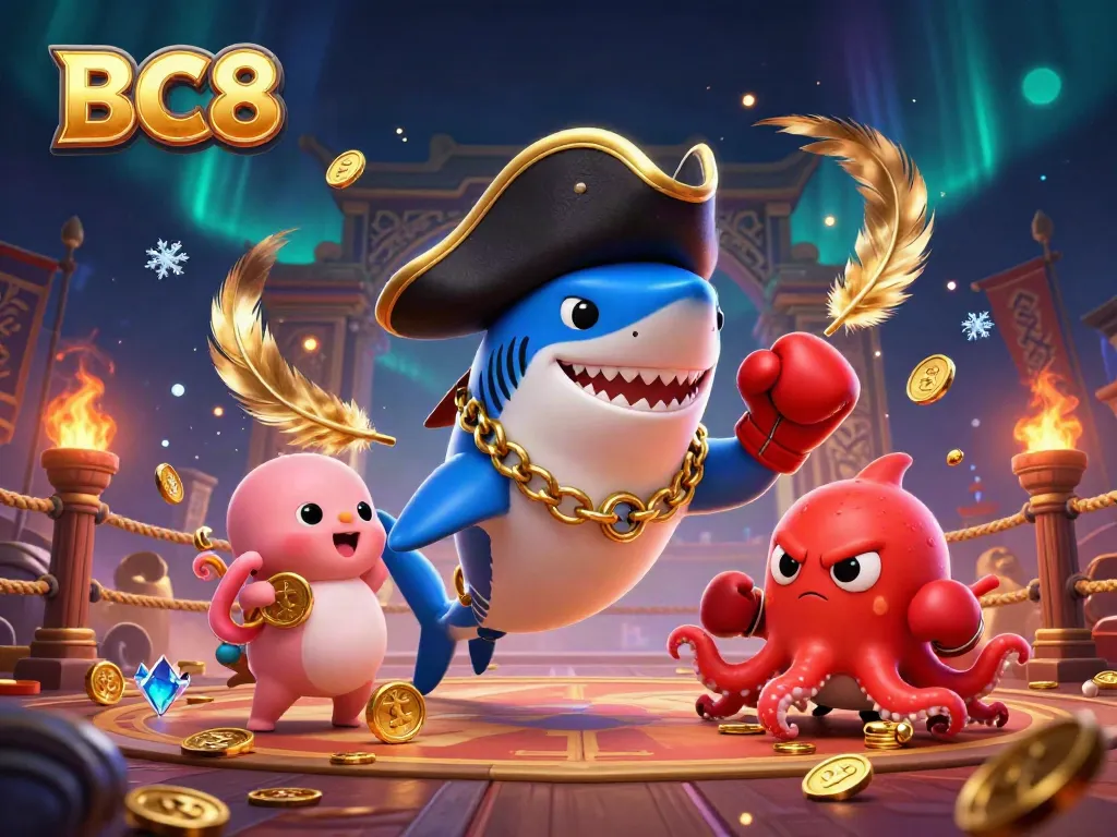 Experience the thrilling adventures at BC8 with a cartoon pirate shark, pufferfish, and octopus in a vibrant casino scene.