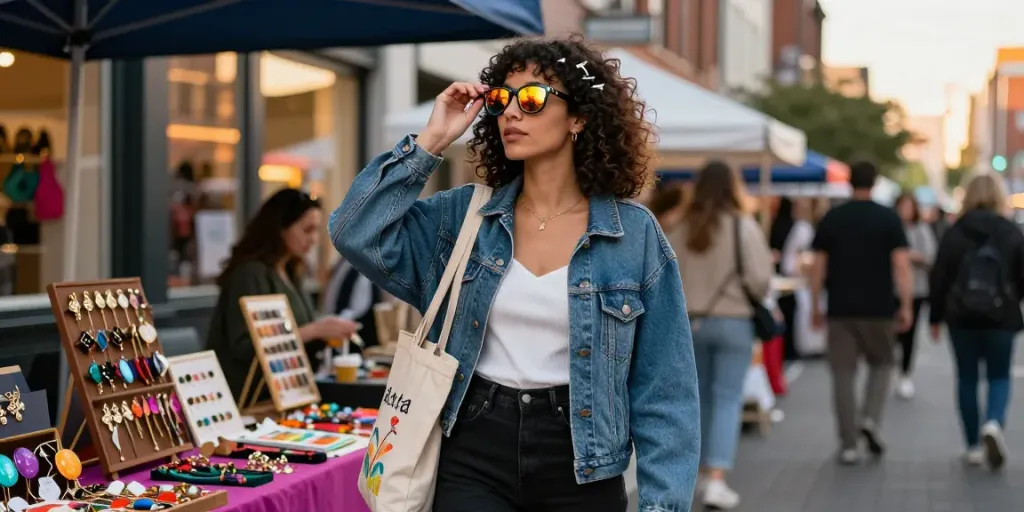 Stylish woman showcasing curly clip ins at a vibrant urban market during golden hour.