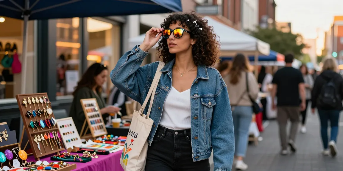 Stylish woman showcasing curly clip ins at a vibrant urban market during golden hour.