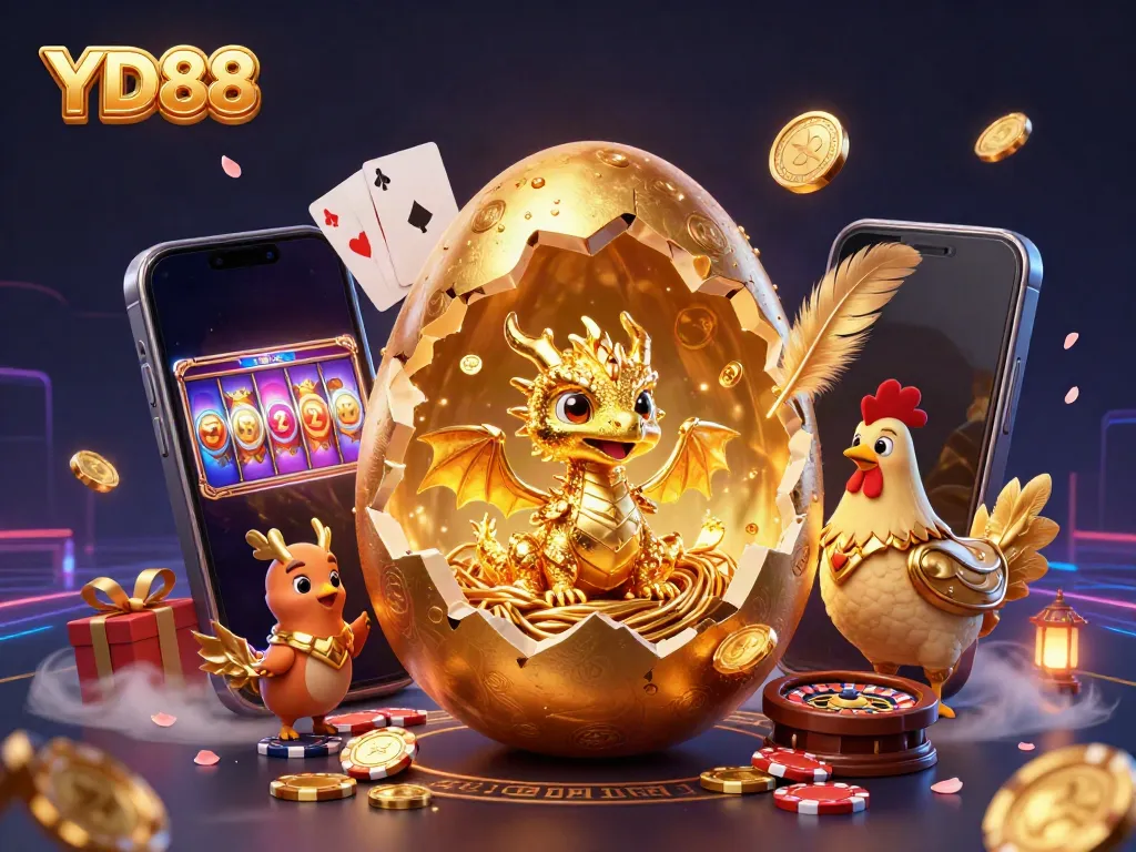 Experience thrilling gaming at YD88 with a golden dragon and vibrant slot games showcased in a magical setting.